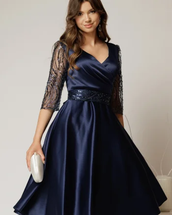 Rochie Adria bleumarin din tafta in clos cu cordon in talie