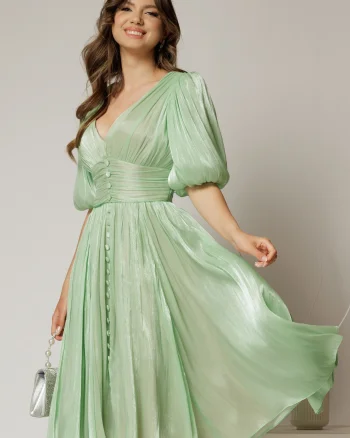 Rochie DY Fashion verde fistic cu decolteu adanc si nasturi din voal peliculizat