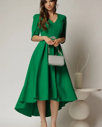 Rochie DY Fashion verde asimetrica cu maneci lalea si aplicatie pe talie