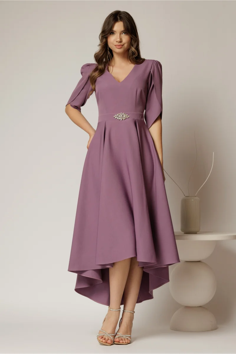 Rochie DY Fashion mov asimetrica cu maneci lalea si aplicatie pe talie