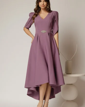 Rochie DY Fashion mov asimetrica cu maneci lalea si aplicatie pe talie