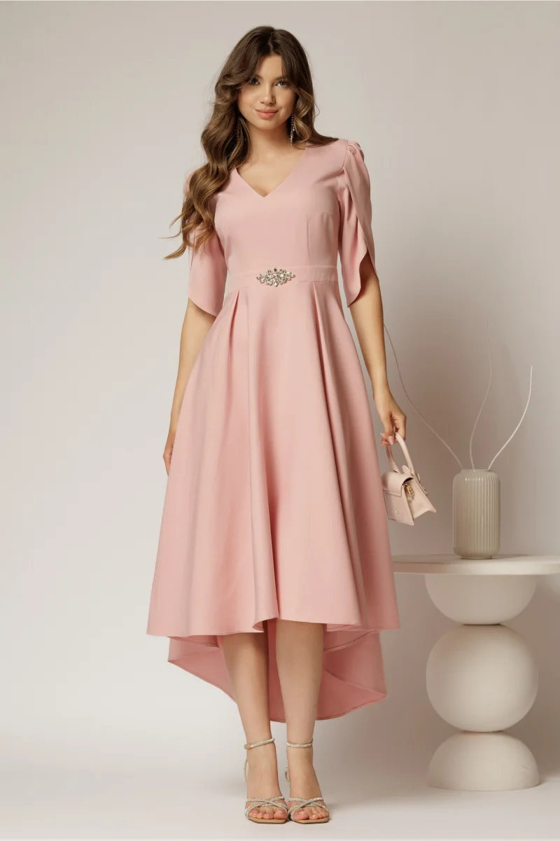 Rochie DY Fashion roz asimetrica cu maneci lalea si aplicatie pe talie