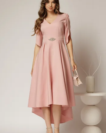Rochie DY Fashion roz asimetrica cu maneci lalea si aplicatie pe talie