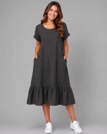 Rochie midi din in cu funda pe spate si volan amplu din batist, neagra