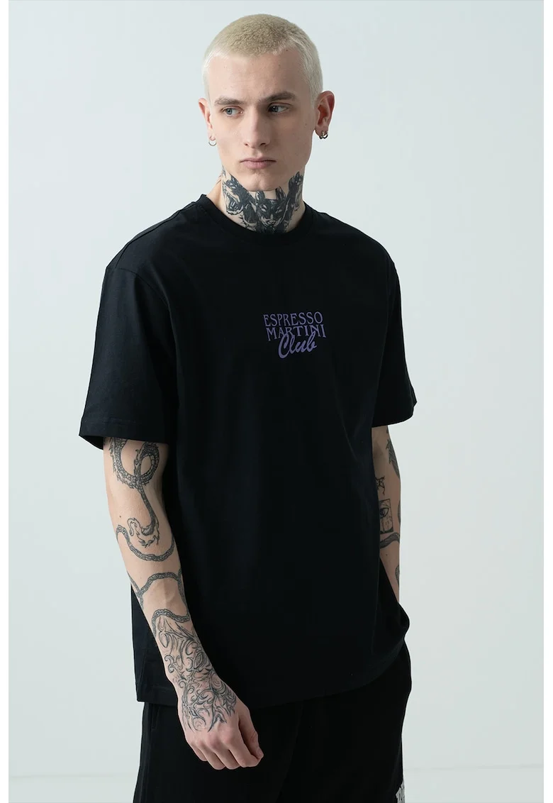 Tricou de bumbac organic cu model grafic, Negru/Maro/Violet