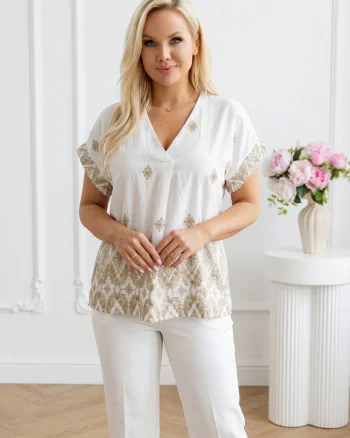 Bluza dama alba cu broderie geom...