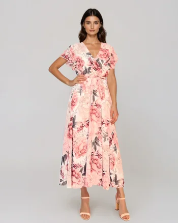 Rochie lungă din voal cu decolteu adânc roz-light - Unica S-L