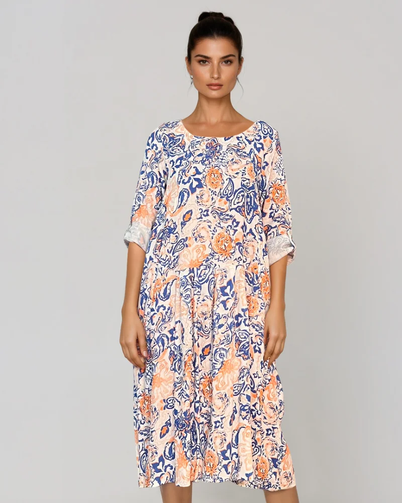 Rochie cu print oriental și buzunare albastru - Unica S-L