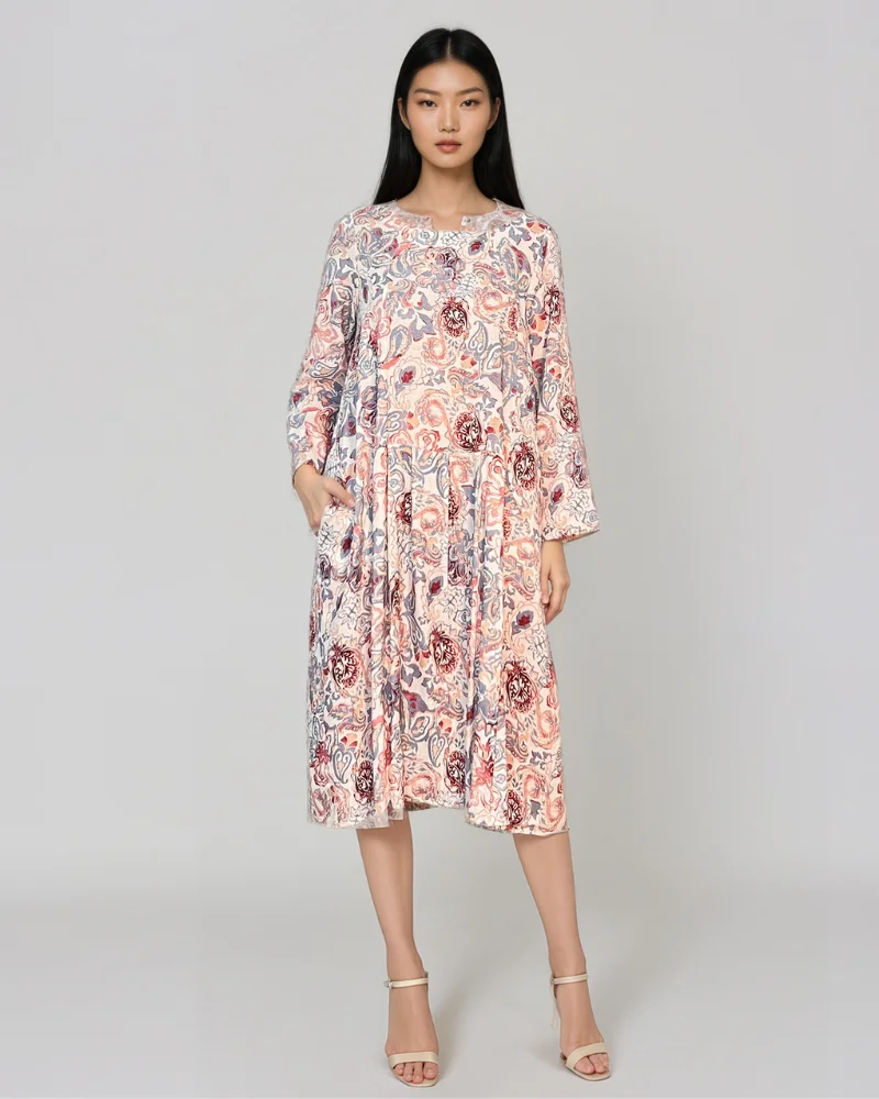 Rochie cu print oriental și buzunare gri - Unica S-L