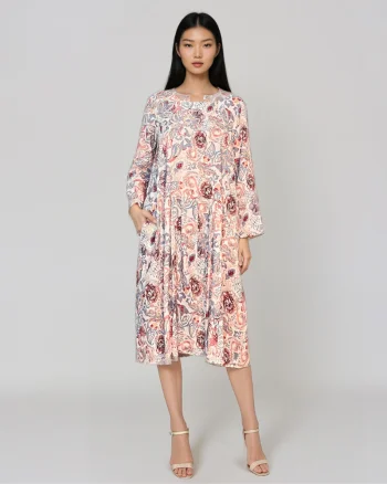 Rochie cu print oriental și buzunare gri - Unica S-L