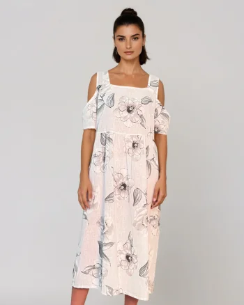 Rochie din in cu umeri goi și print alb - Unica S-L