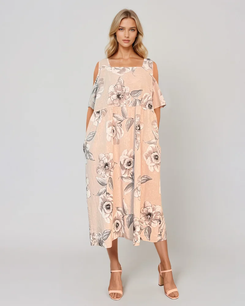 Rochie din in cu umeri goi și print beige - Unica S-L
