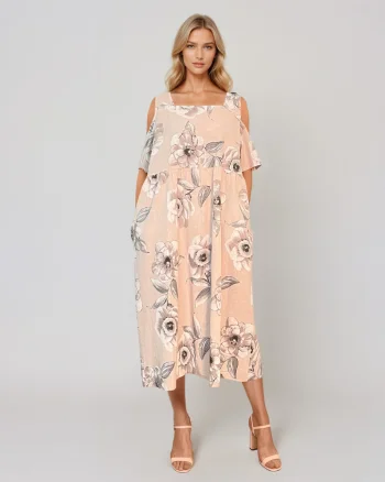 Rochie din in cu umeri goi și print beige - Unica S-L