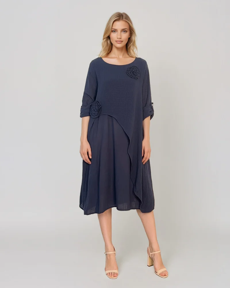 Rochie cu capă și flori aplicate bleumarin - Unica (XL-3XL)