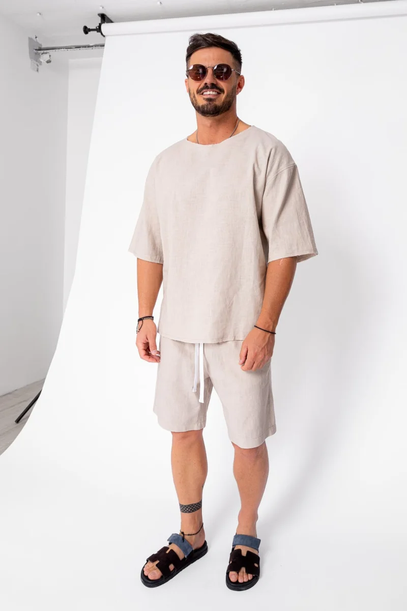 Set Lino 100% In Tricou si pantalon scurt Light Beige Premium Edition New