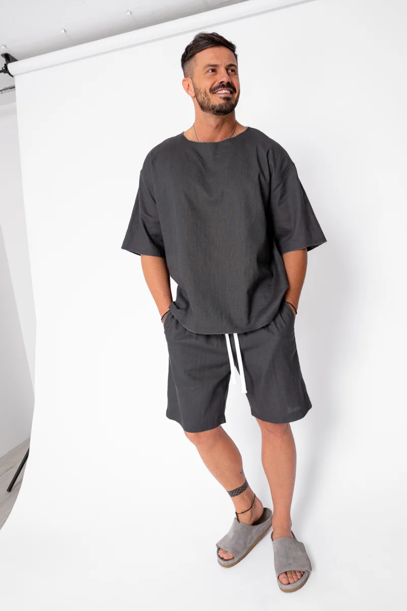 Set Lino 100% In Tricou si pantalon scurt Grey Anthracite Premium Edition New