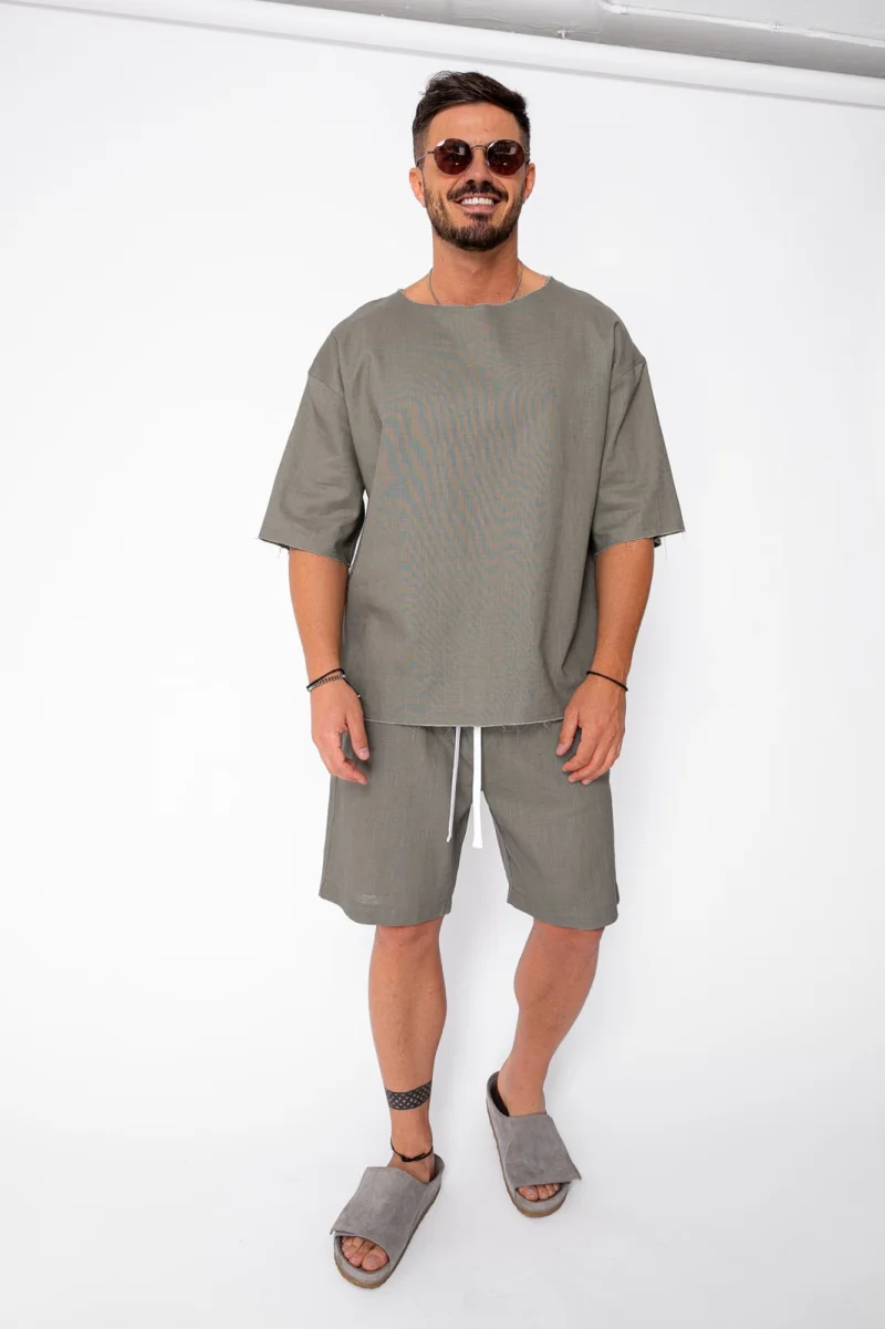 Set Lino 100% In Tricou si pantalon scurt Dark Olive Premium Edition New