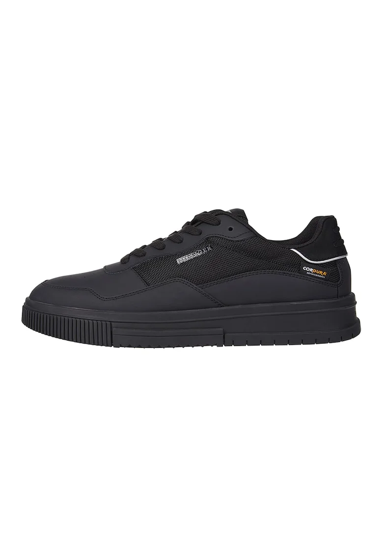 Pantofi sport de piele si piele ecologica cu insertii de plasa, Negru