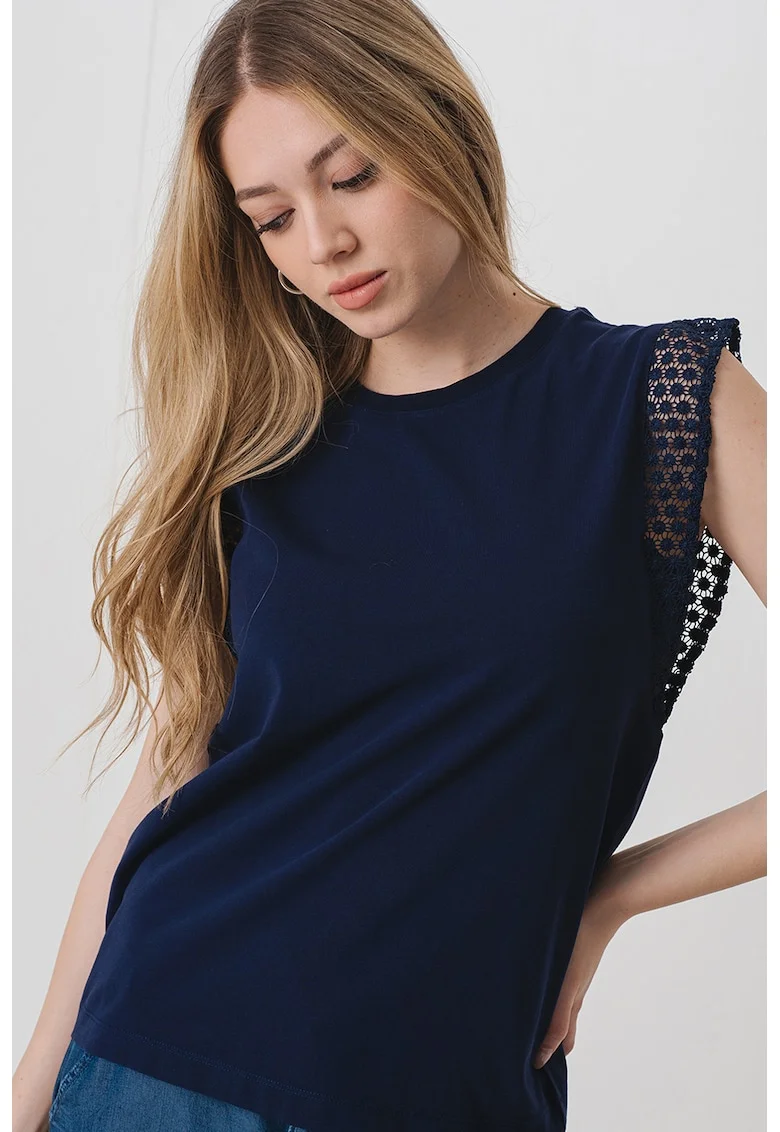 Tricou regular fit cu maneci de dantela, Bleumarin