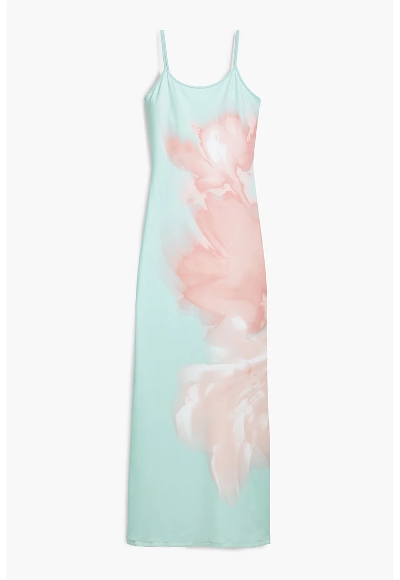 Rochie-furou din material elastic, Roz somon/Verde menta