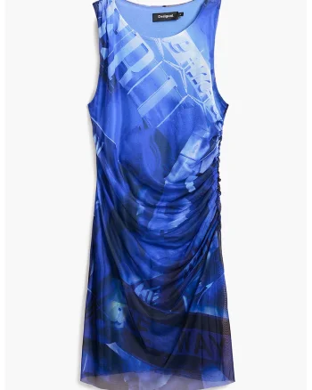 Rochie cu imprimeu si strat exterior din plasa, Alb/Albastru