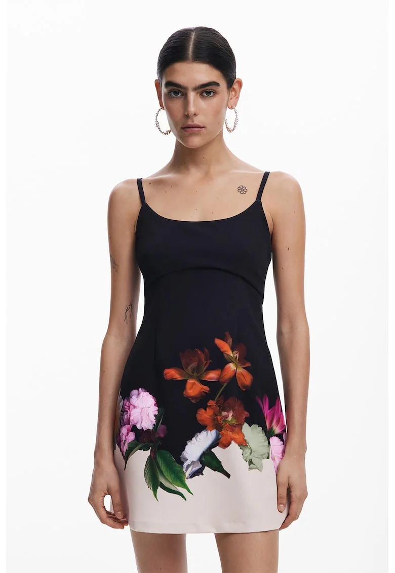 Rochie scurta cu model floral, Verde/Negru/Portocaliu