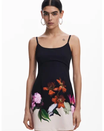Rochie scurta cu model floral, Verde/Negru/Portocaliu
