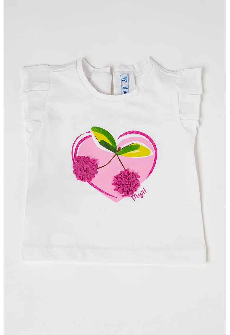 Tricou cu volane pe maneci si imprimeu, Alb/Roz