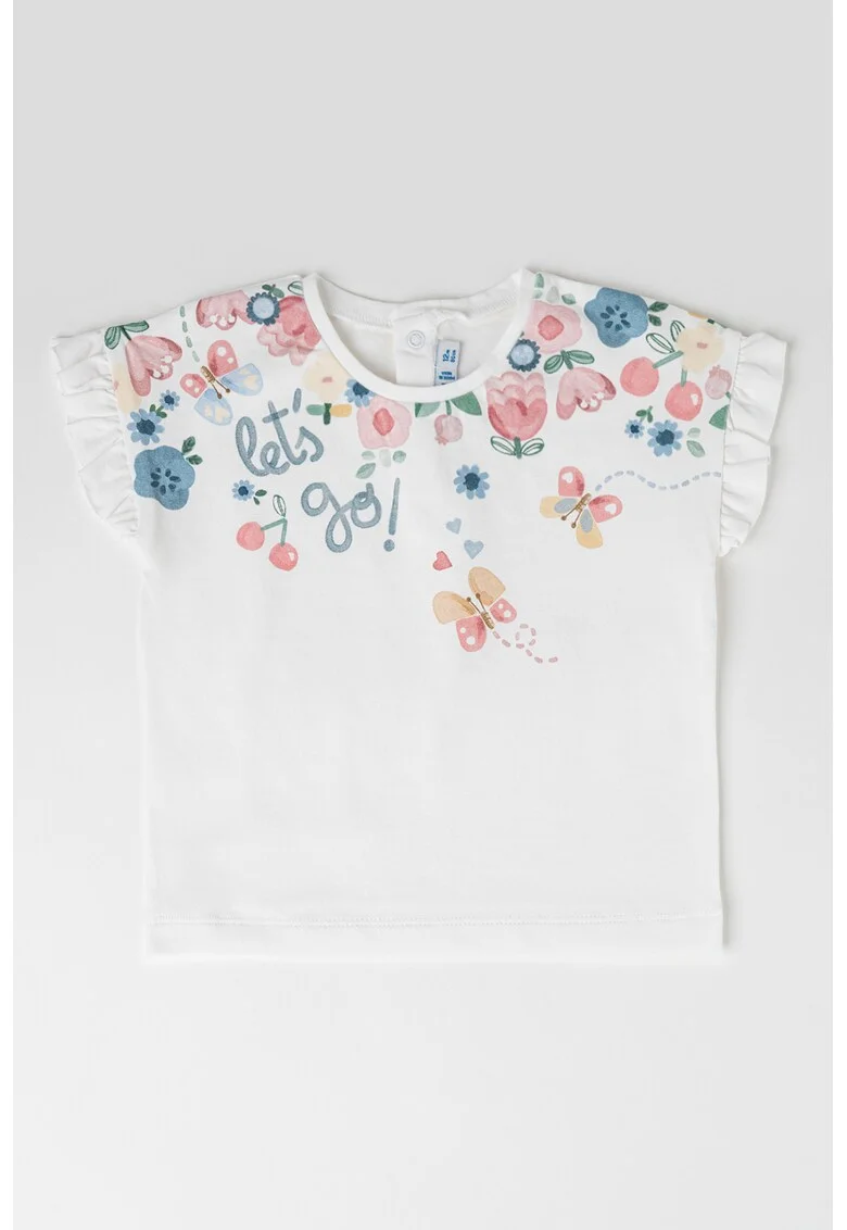 Tricou cu imprimeu si maneci cu volane, Alb/Roz prafuit