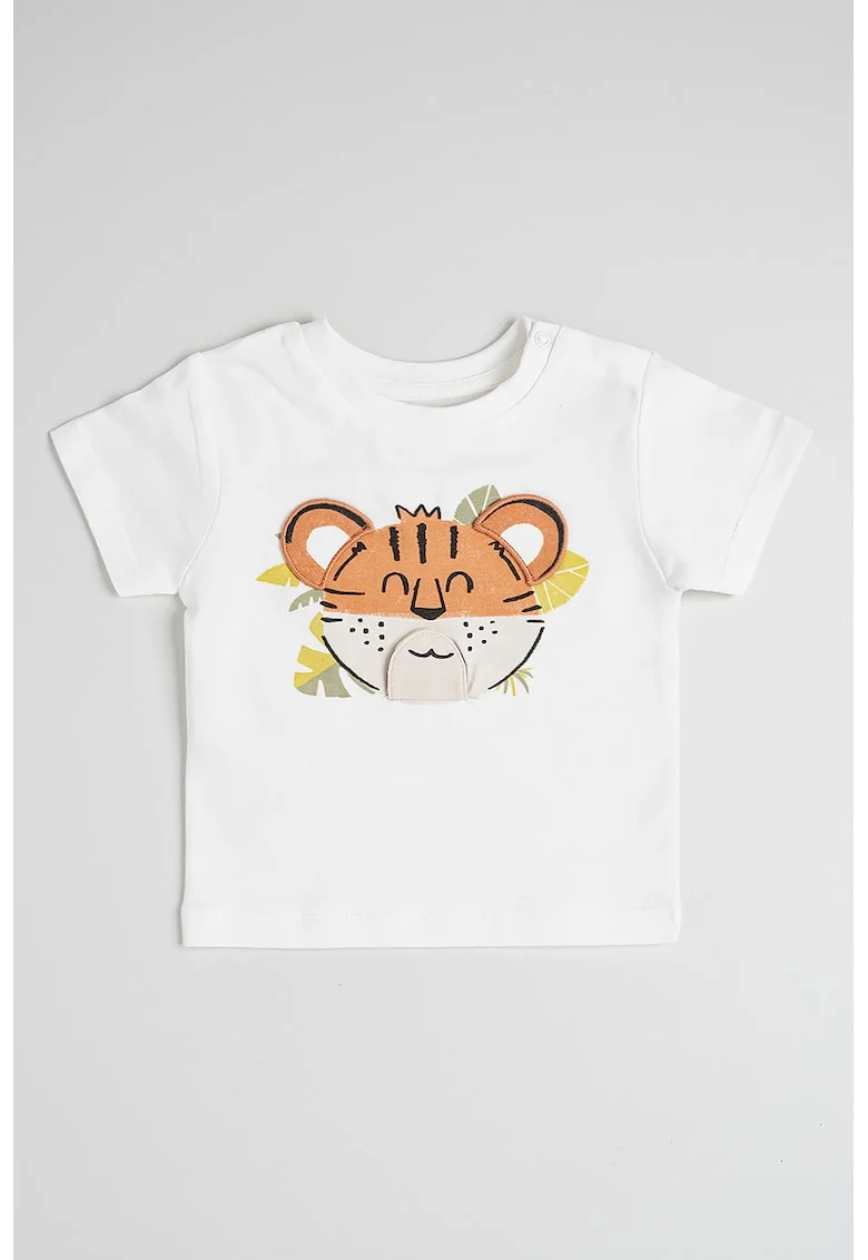 Tricou cu animale si decolteu la baza gatului, Portocaliu stins/Alb murdar/Bej deschis