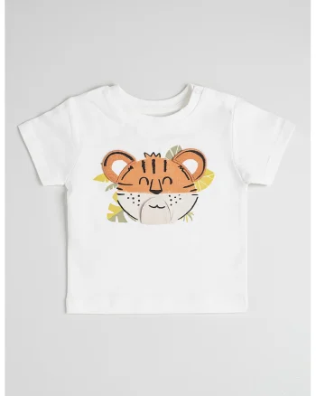 Tricou cu animale si decolteu la baza gatului, Portocaliu stins/Alb murdar/Bej deschis