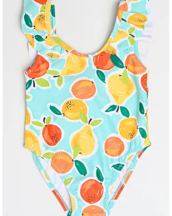 Costum de baie intreg cu model, Galben/Portocaliu/Albastru deschis