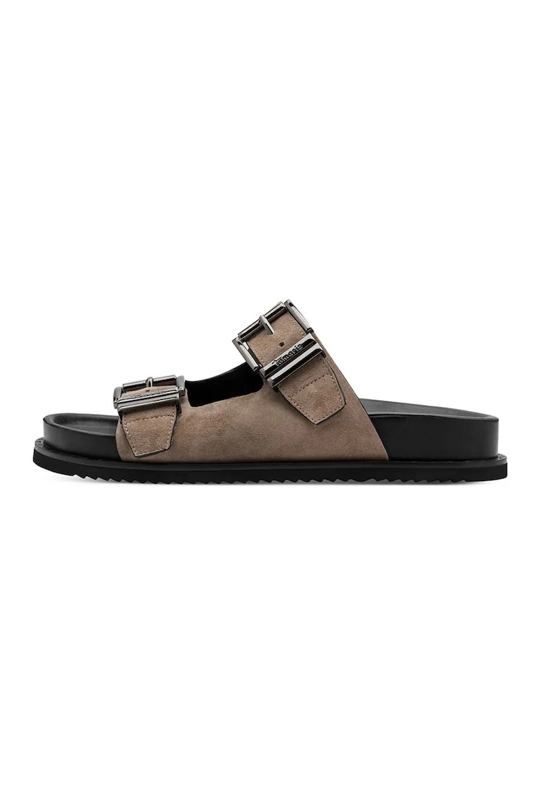 Papuci din piele cu catarama, Maro taupe