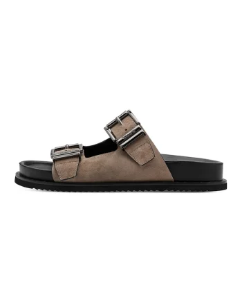 Papuci din piele cu catarama, Maro taupe