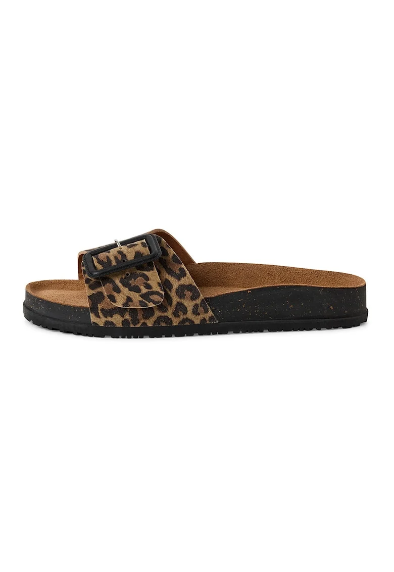 Papuci din piele intoarsa cu animal print, Negru/Maro
