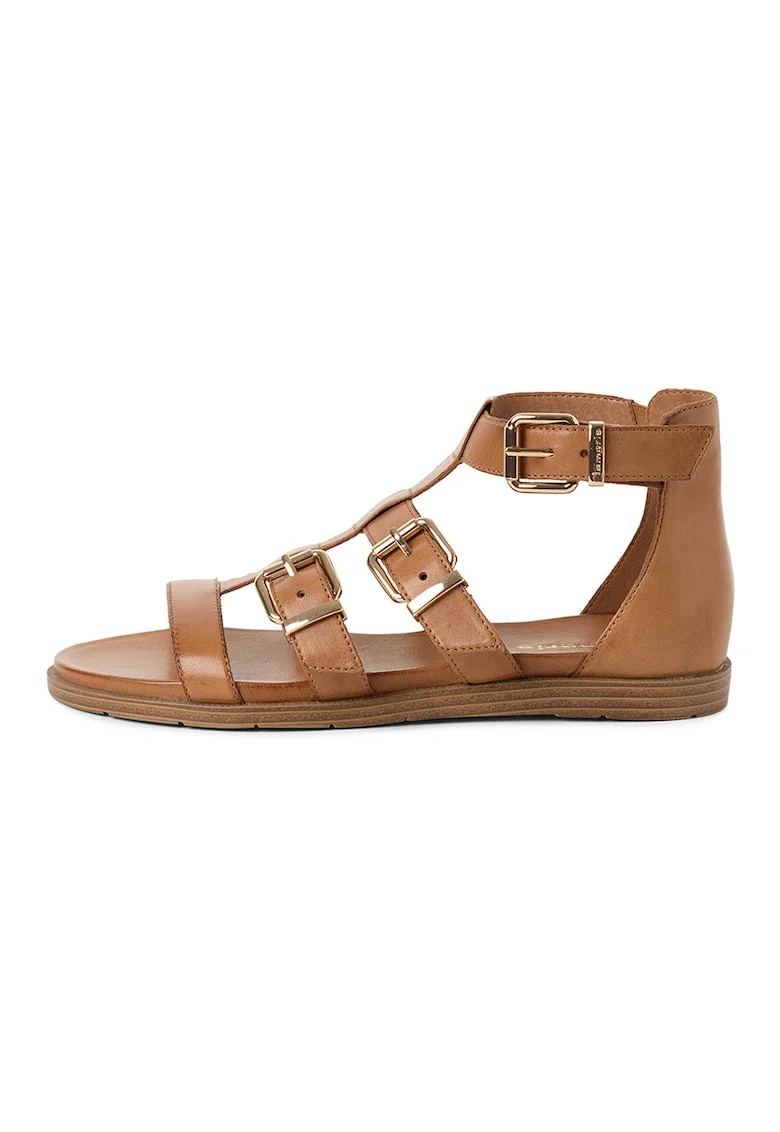 Sandale din piele intoarsa cu catarame si barete multiple, Maro cognac