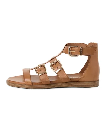 Sandale din piele intoarsa cu catarame si barete multiple, Maro cognac