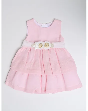Rochie evazata cu aplicatii in forma de floare, Alb/Roz pal