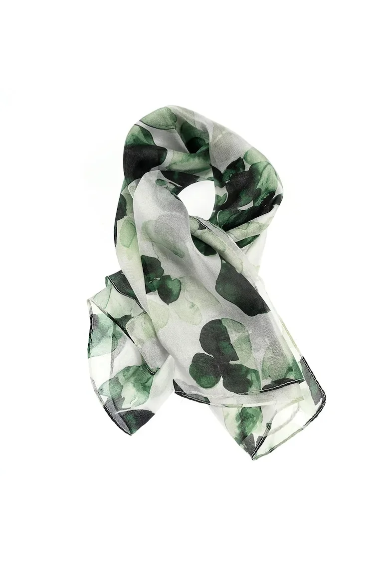Esarfa din matase naturala cu imprimeu verde floral 50 x 50 cm