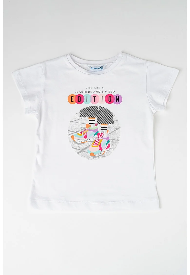 Tricou de bumbac cu decolteu la baza gatului, Alb/Negru/Roz