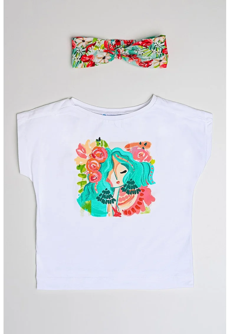 Set de bentita si tricou cu imprimeu grafic - 2 piese, Roz somon/Alb optic/Verde persan