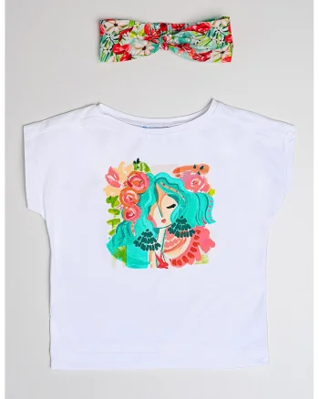 Set de bentita si tricou cu imprimeu grafic - 2 piese, Roz somon/Alb optic/Verde persan