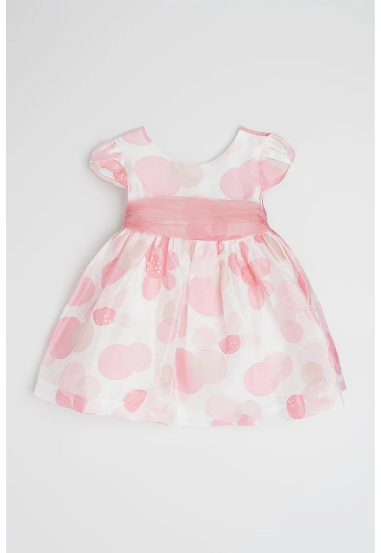 Rochie babydoll din amestec de in cu model floral discret, Alb/Roz pastel/Piersica