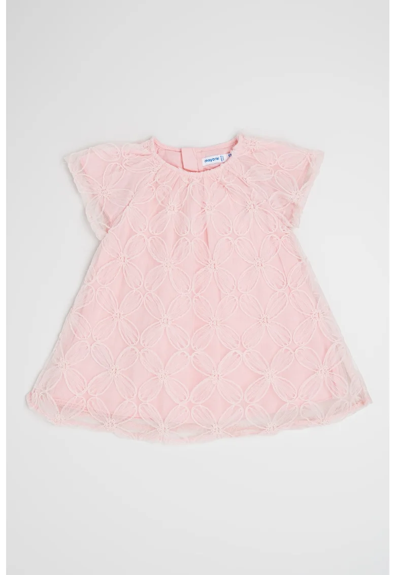 Rochie cu croiala in A si strat exterior cu tul, Roz pastel