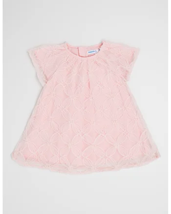 Rochie cu croiala in A si strat exterior cu tul, Roz pastel