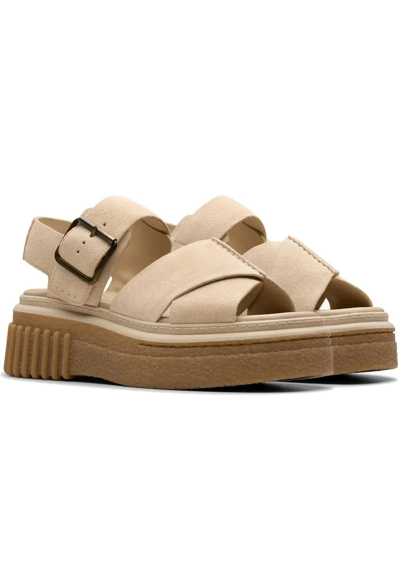 Sandale cu platforma dama,  piele intoarsa, bej