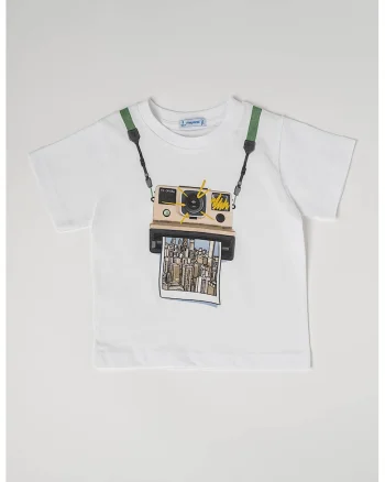 Tricou de bumbac cu decolteu la baza gatului si imprimeu grafic, Alb/Maro deschis
