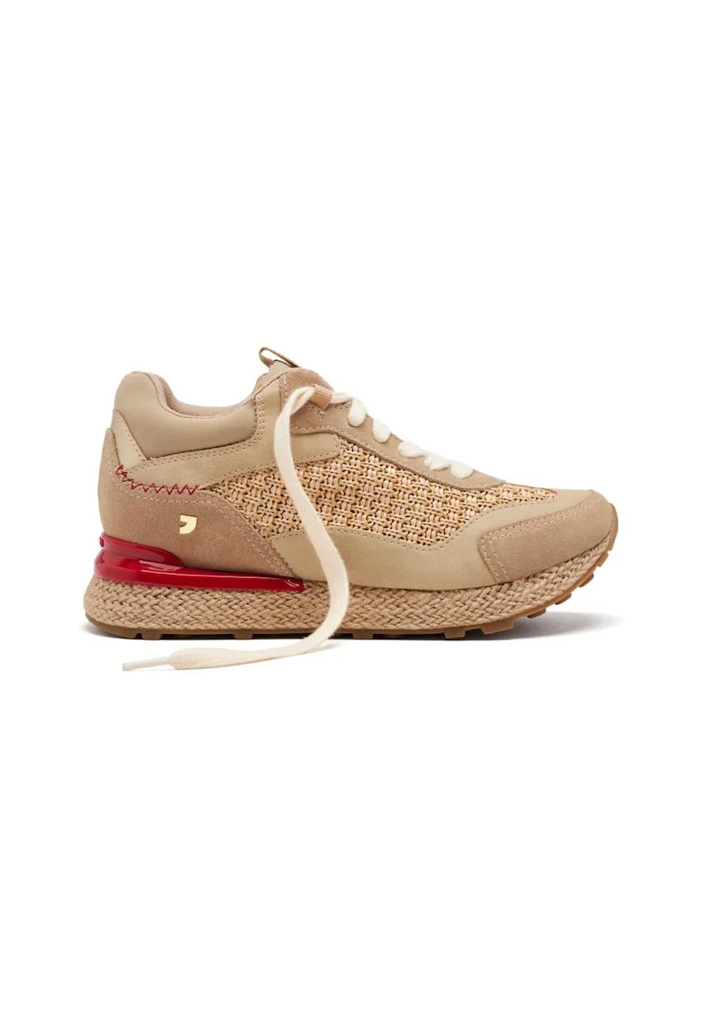 Pantofi sport din piele si rafie, Bej