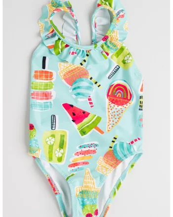 Costum de baie intreg cu volane, Fucsia/Verde menta