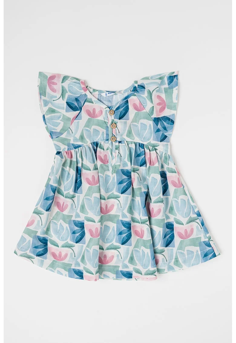 Rochie cu maneci scurte si imprimeu floral, Verde/Roz/Albastru